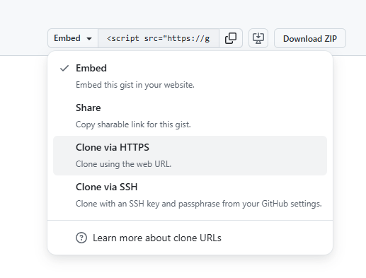 Github Gist clone menu showing "clone via HTTPS" and "clone via SSH" options